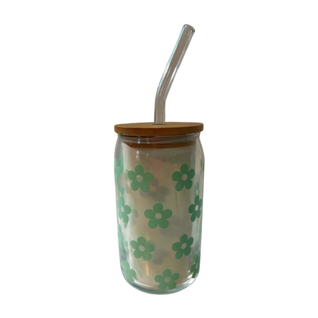 16oz. Glass Can Cup - Spring Flowers
